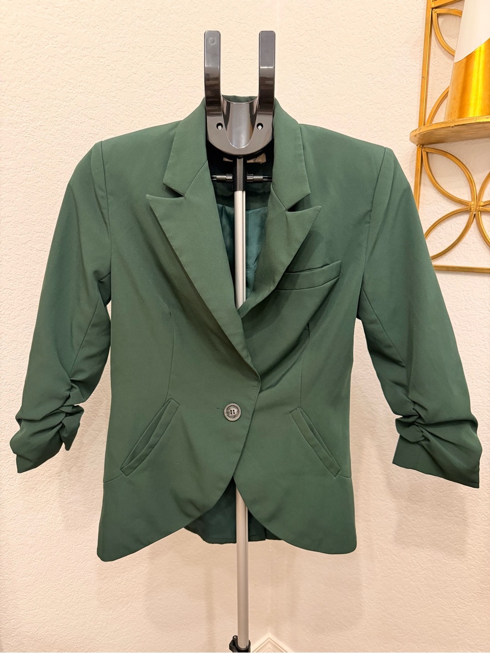 Women's Forest Green Single-Button Ruched Sleeve Blazer